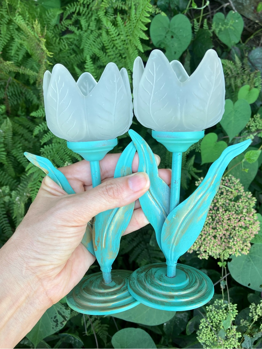 Vintage Pair of Frosted Glass Tulip Candle Holders w/ Turquoise Metal Stems